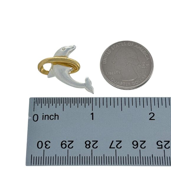 Vintage FAS Sterling Silver 925 Dolphin Jumping Through A Gold Tone Hoop Pendant - Picture 7 of 7